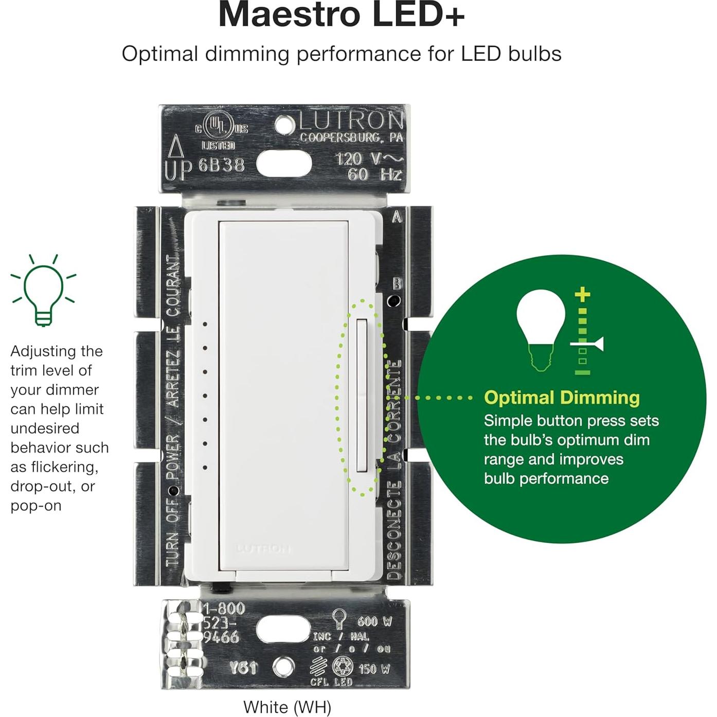 Interruptor Regulador Lutron Maestro LED+ 150W Blanco