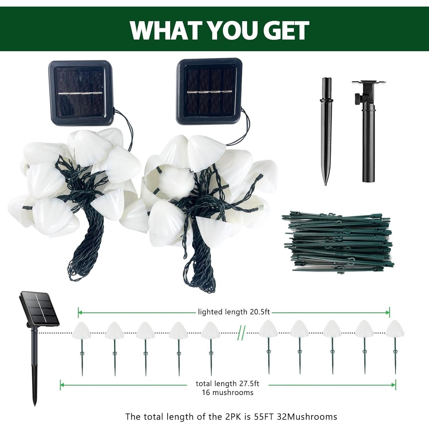 Luces de Jardín Solar OZS 2PK 32LED 16.76m Hongo Blanco Cálido