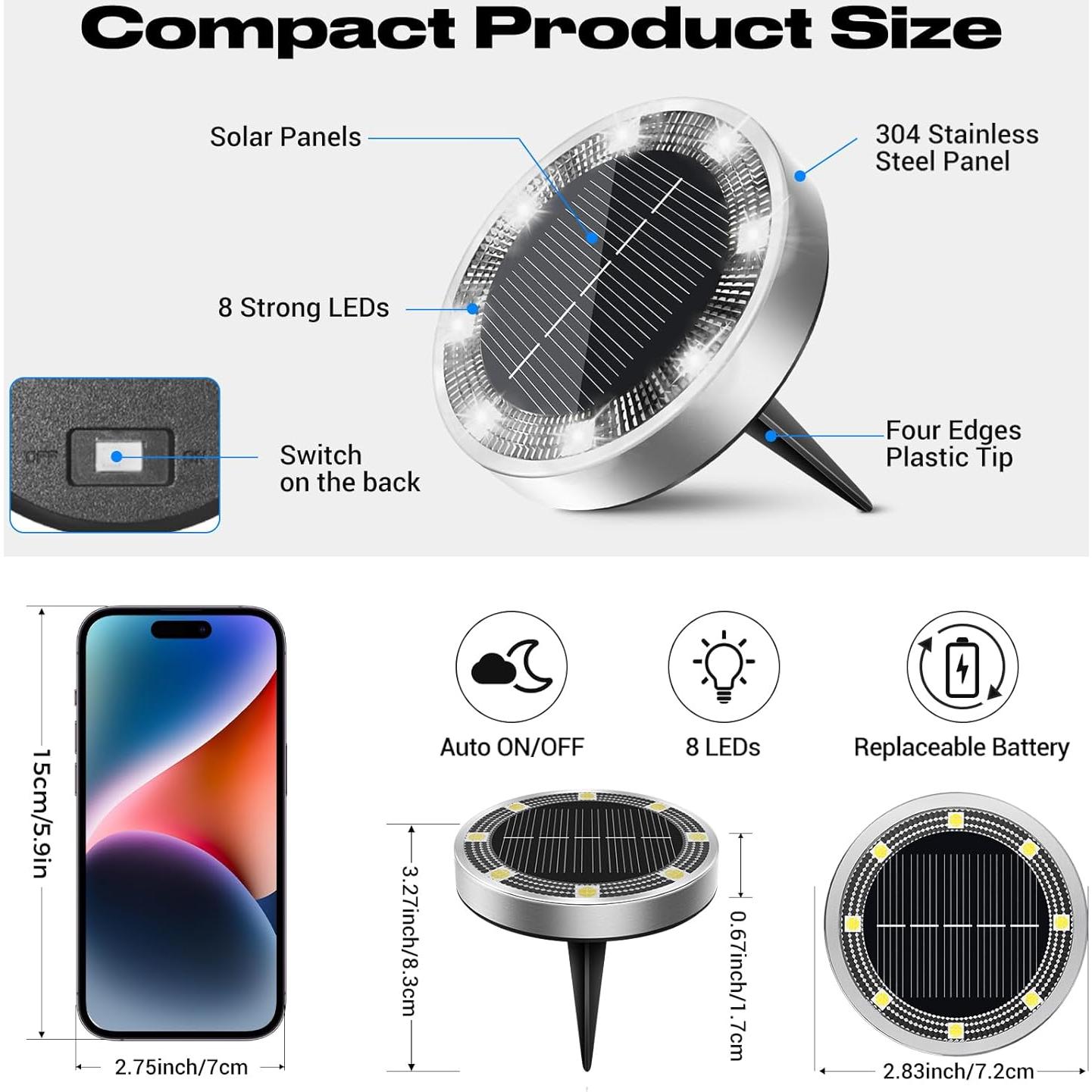 Luces Solares de Suelo Peasur IP68, Paquete de 8, Blanco Frío