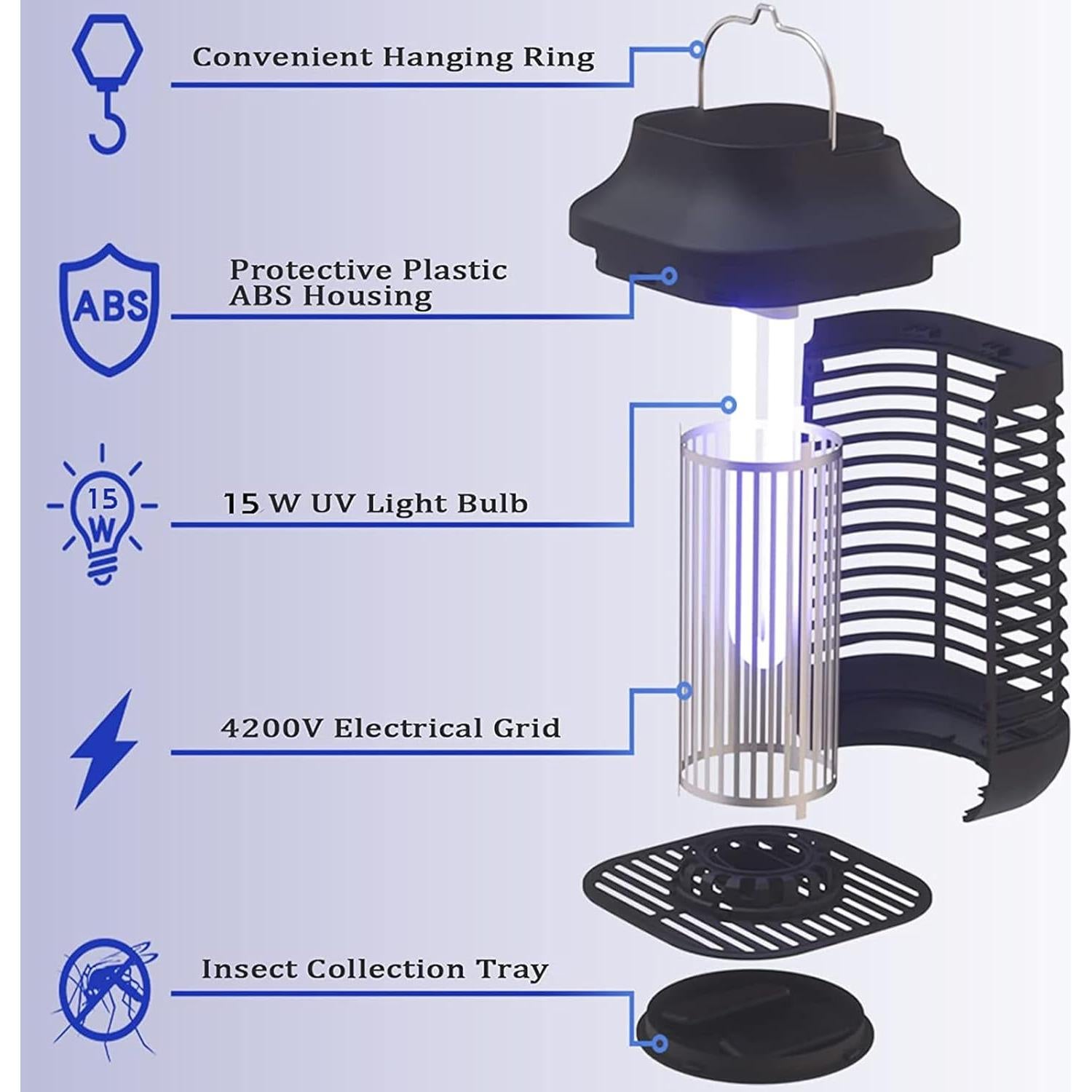 Trampa de Insectos ZFITEI 15W con Cable de 3m y Luz UV