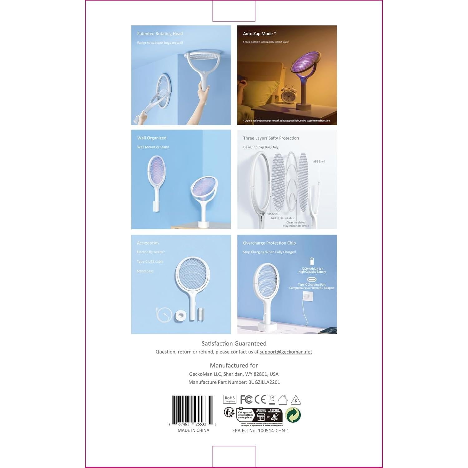 Raqueta eléctrica mata moscas GeckoMan con mango telescópico