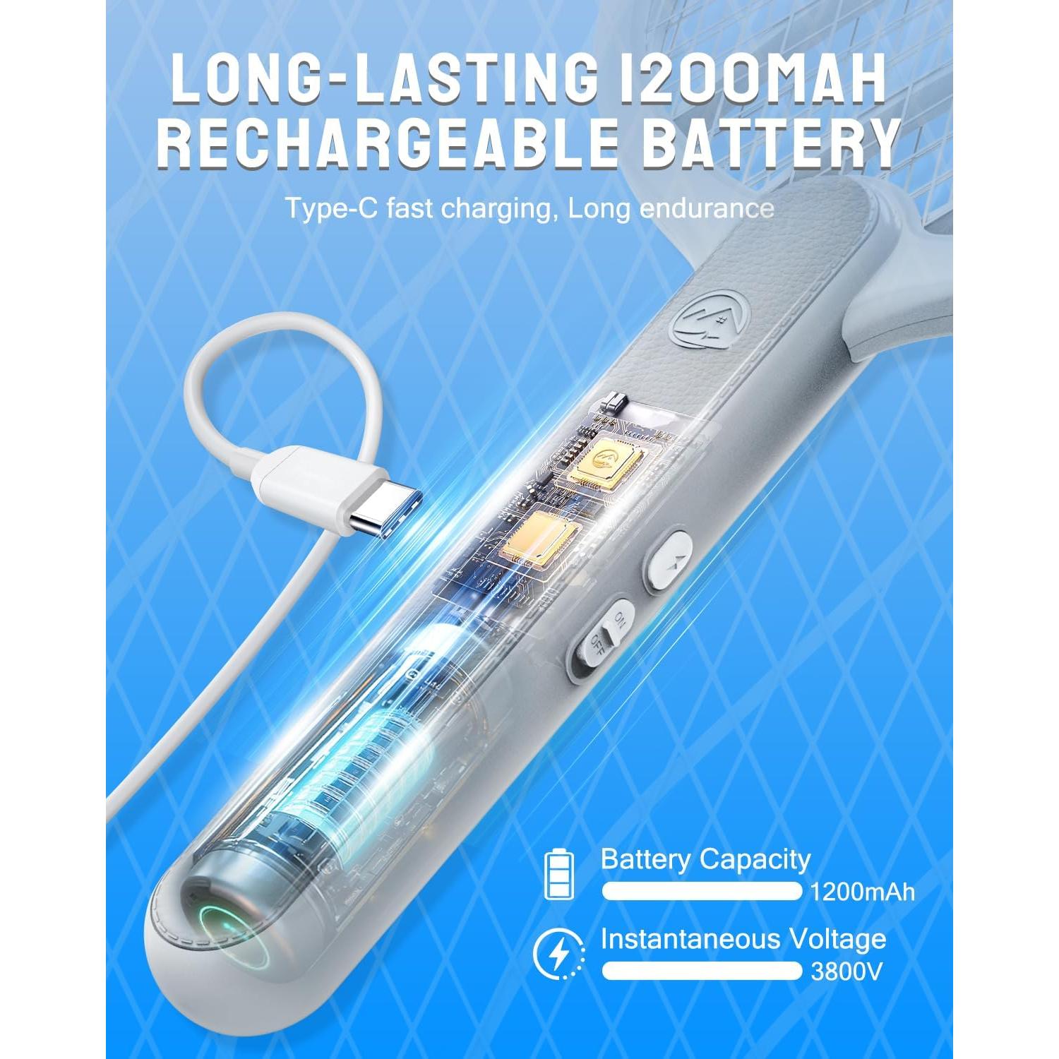 Raqueta Eléctrica Mosquitos Mosiller 3800V Recargable Tipo-C