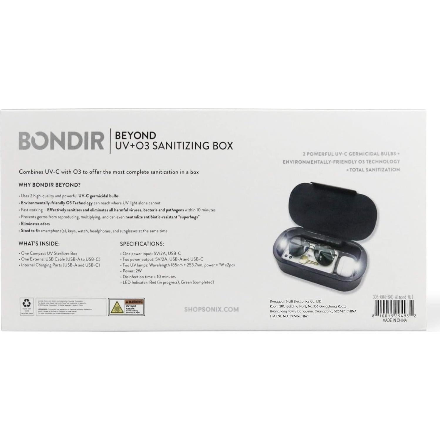 Caja Desinfectante UV+O3 Bondir - Carga USB, Aceite de Almendra