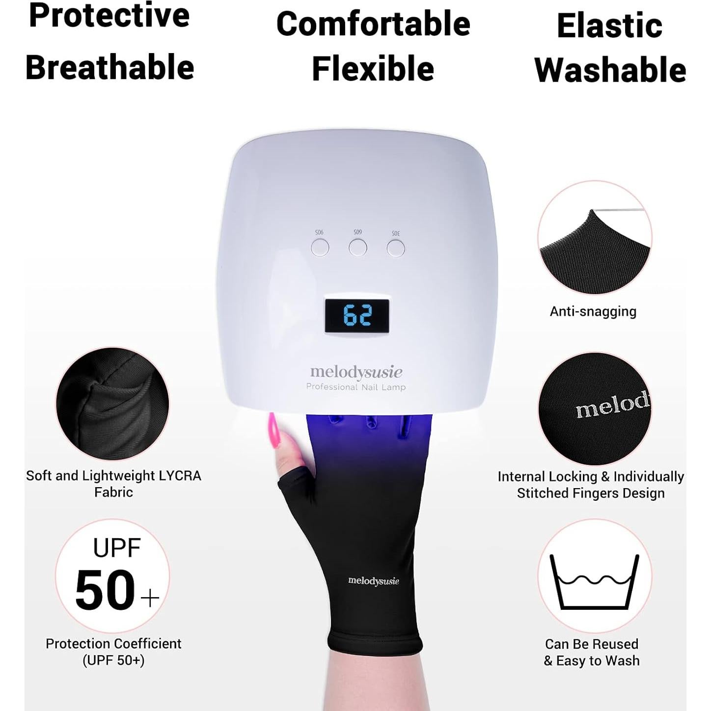 Guantes UV MelodySusie Negros UPF50+ para Manicura