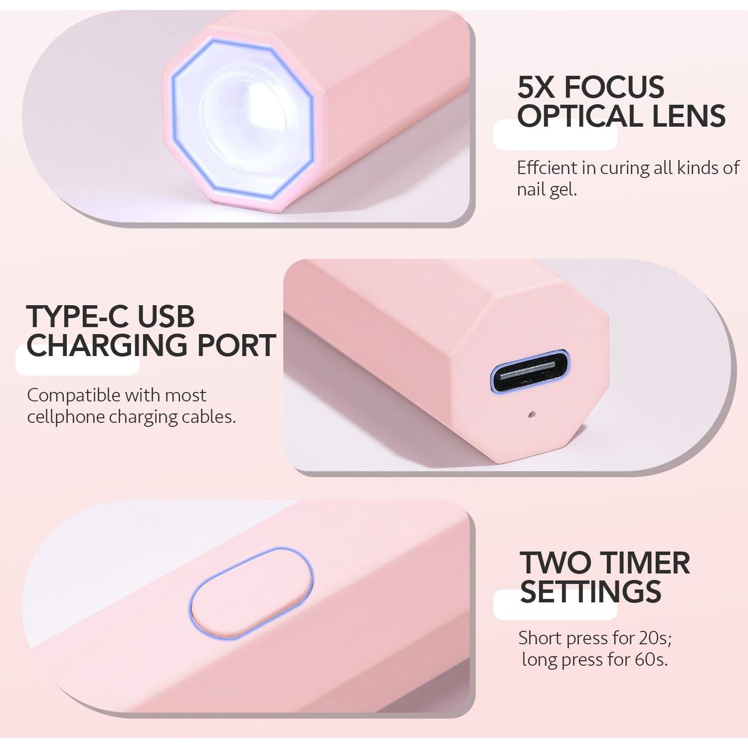 Lámpara UV Portátil GAOY para Uñas de Gel Rosa 15x5.9cm