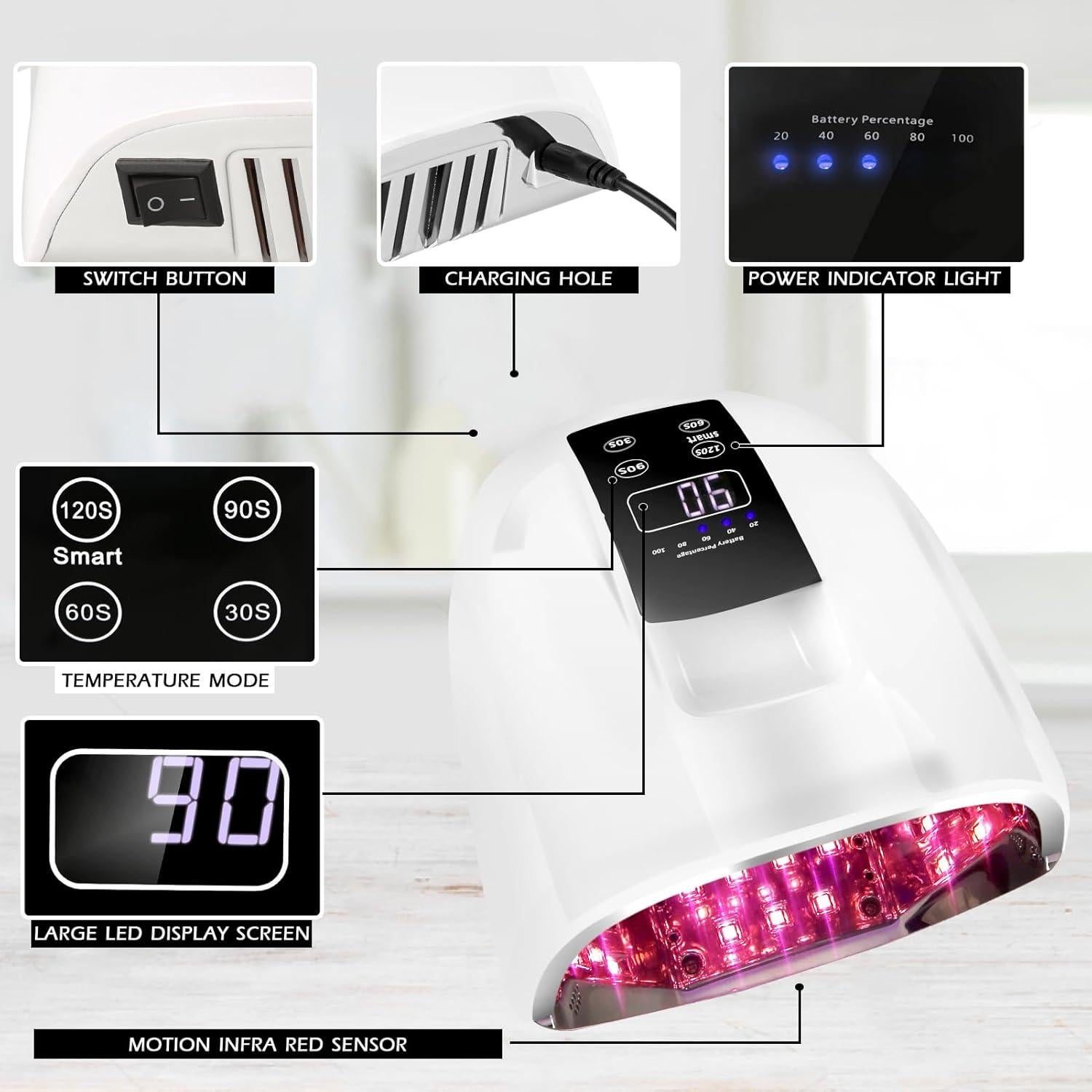 Lámpara de Uñas UV LED Inalámbrica Linssy 90W con Temporizador