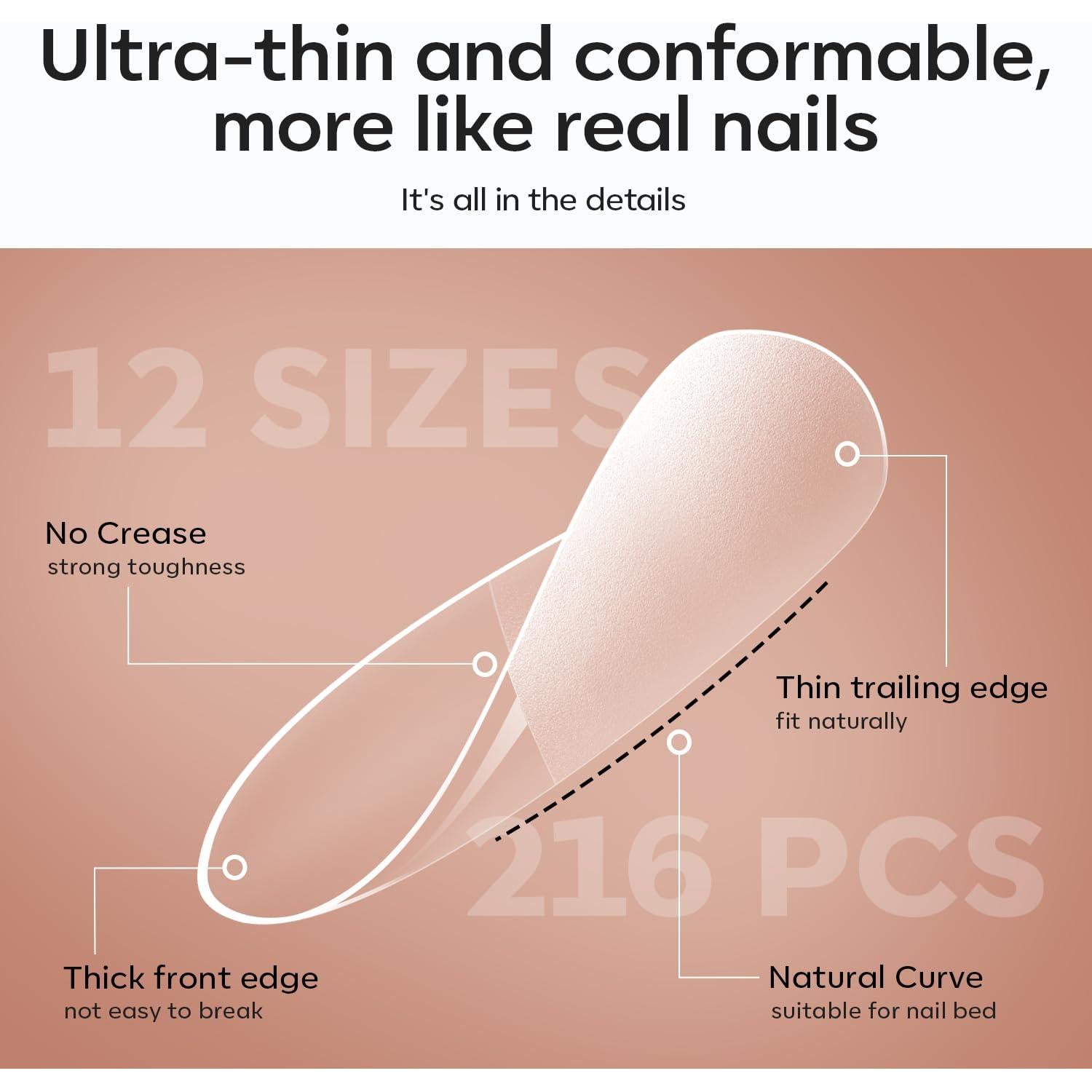 Kit de Uñas de Gel Modelones 216 Piezas Cortas Almendra