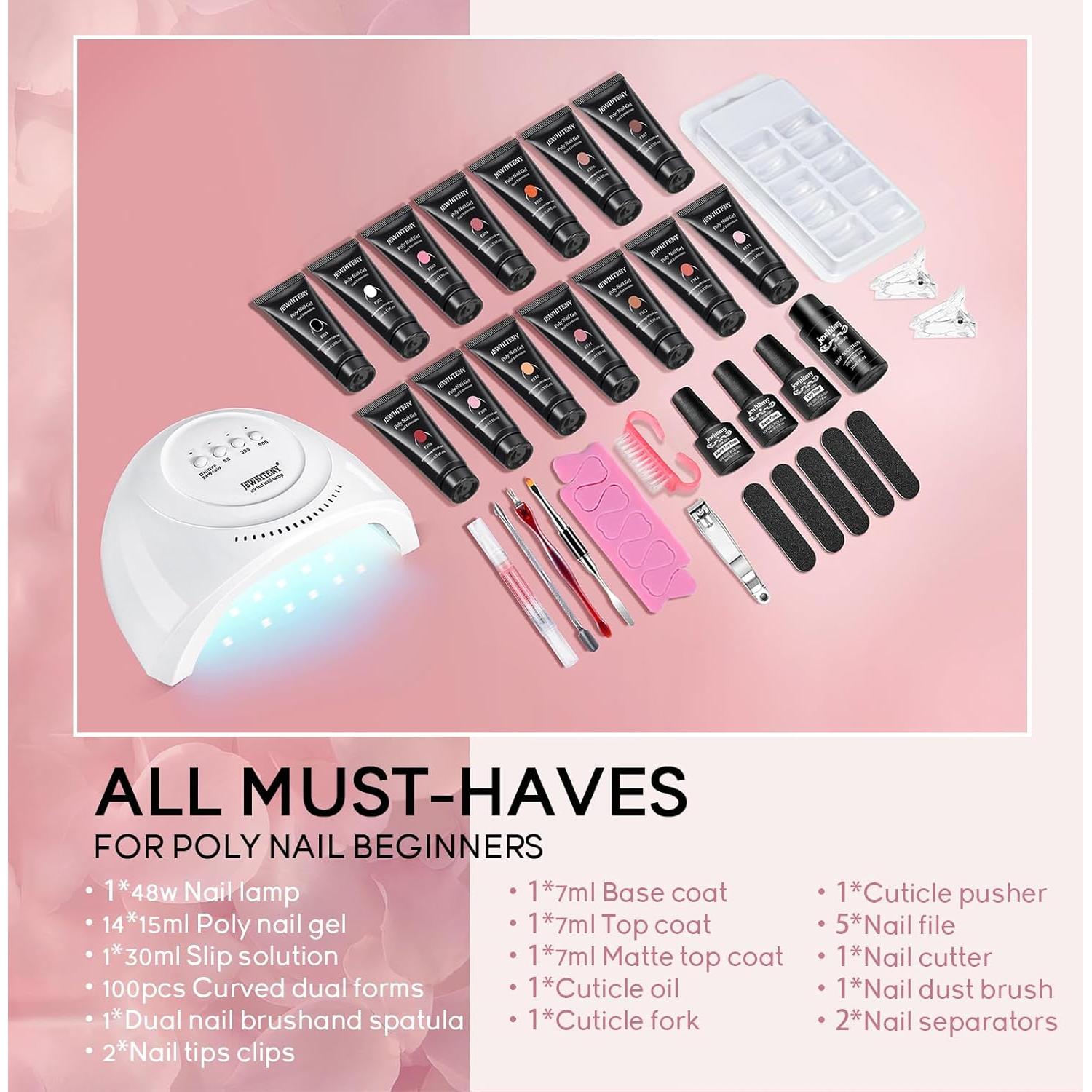 Kit de Uñas de Gel Polimérico JEWHITENY 14 Colores con Lámpara UV