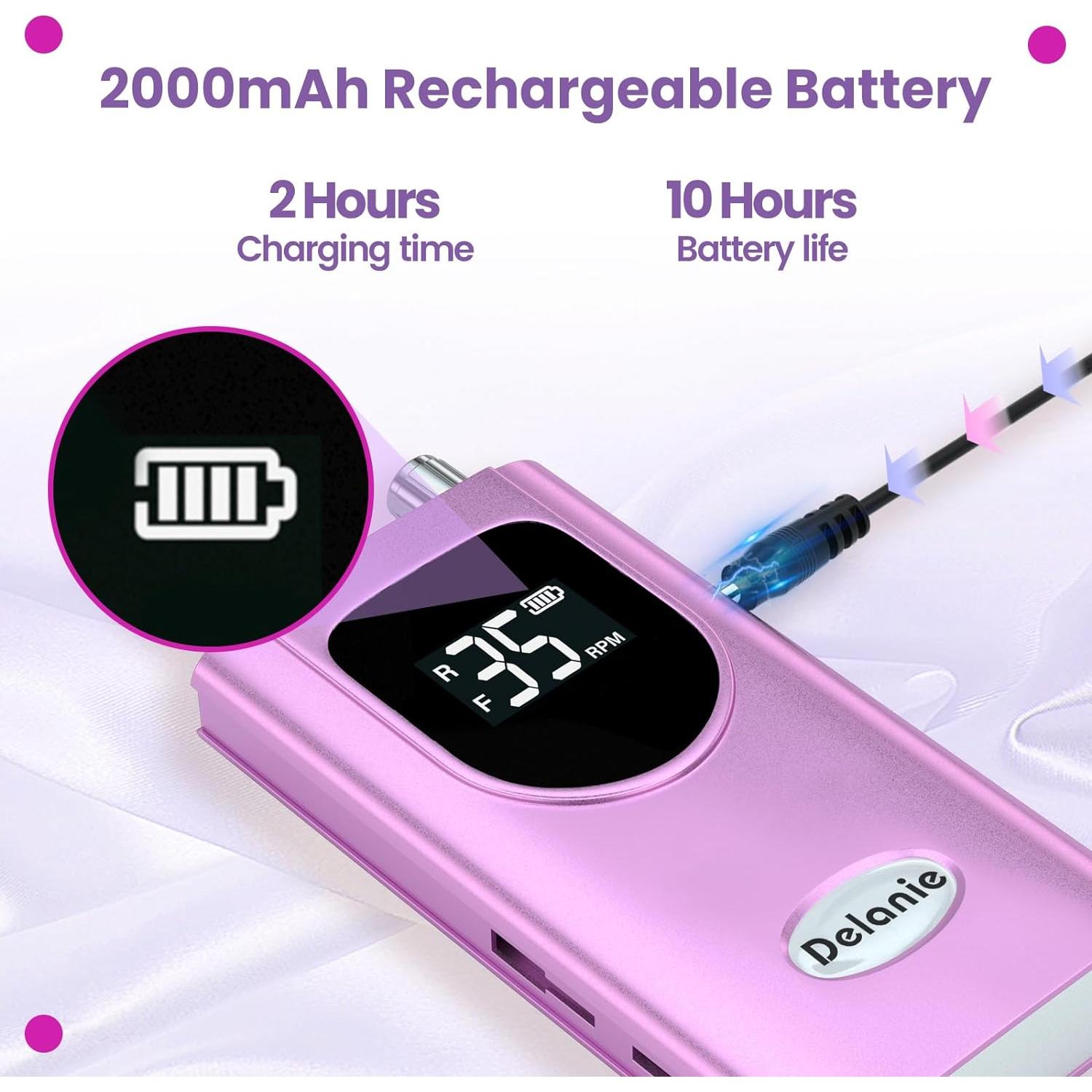 Taladro de Uñas Profesional Delanie Recargable 35000 RPM Púrpura
