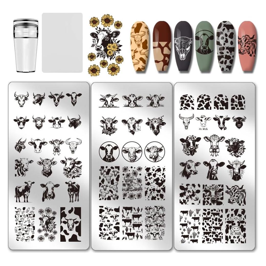 Plantillas de Estampado de Uñas PH PandaHall - 3 Piezas Tema Vaca