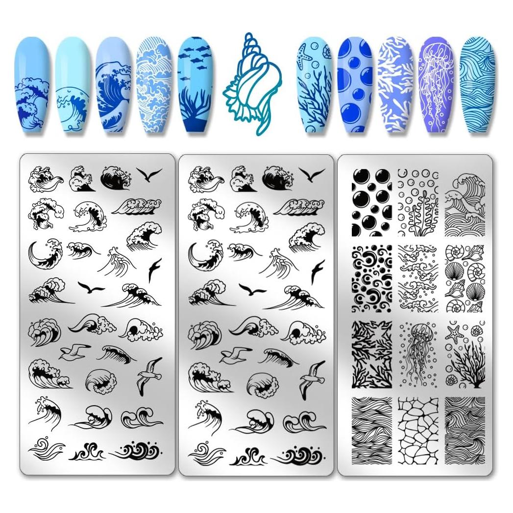 Plantillas de Arte de Uñas PH PandaHall - 3 Piezas Olas del Océano