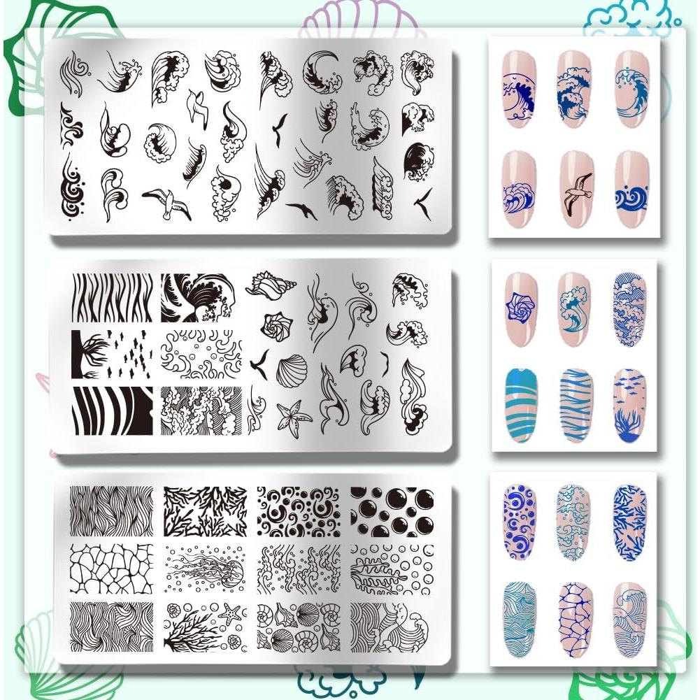 Plantillas de Arte de Uñas PH PandaHall - 3 Piezas Olas del Océano