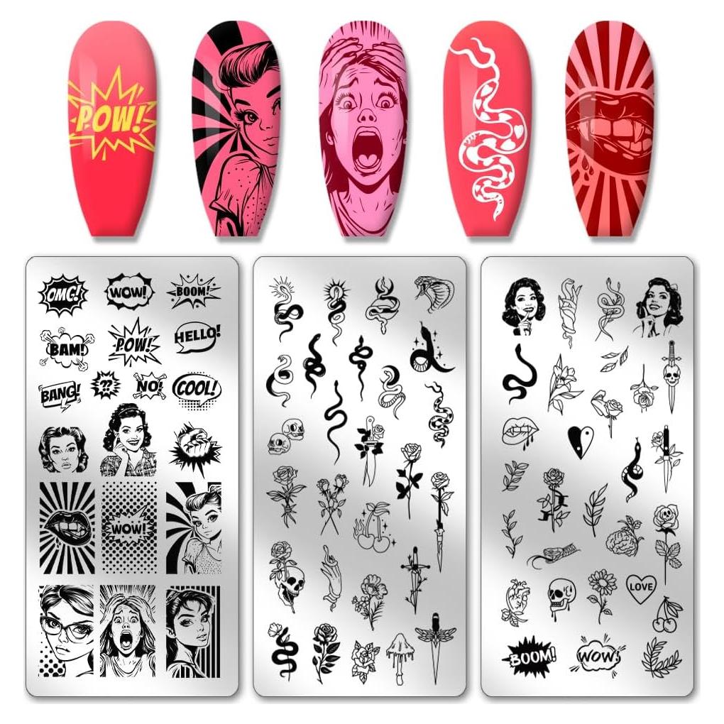 Placas de Estampado de Uñas PH PandaHall 3pcs - Diseño Retro y Comic