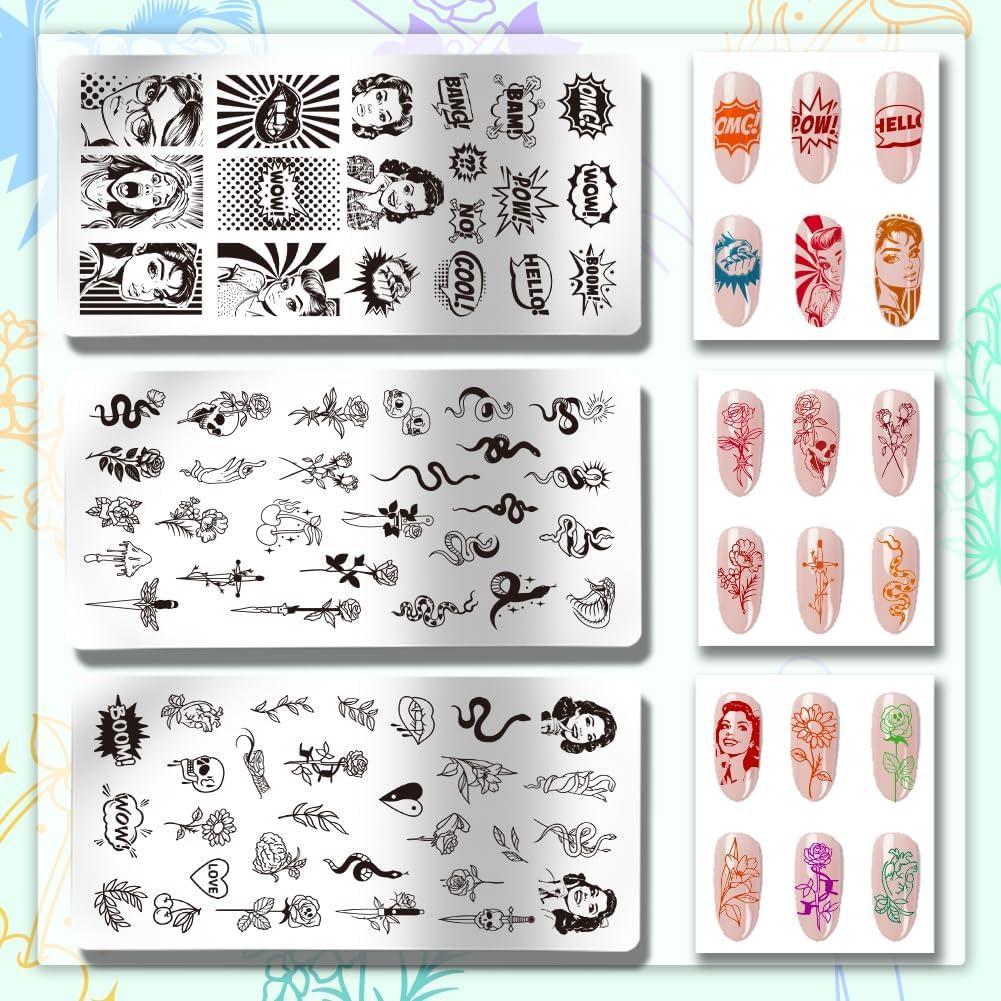 Placas de Estampado de Uñas PH PandaHall 3pcs - Diseño Retro y Comic