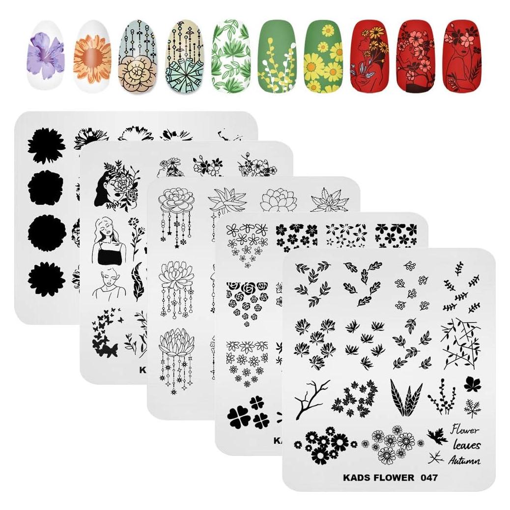 Set de 5 Placas de Estampado de Uñas KADS - Diseños de Flores y Animales