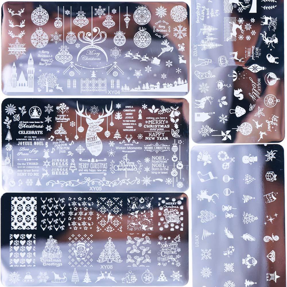 Kit de Estampado de Uñas de Navidad Qdsuh 5 Piezas Copos de Nieve