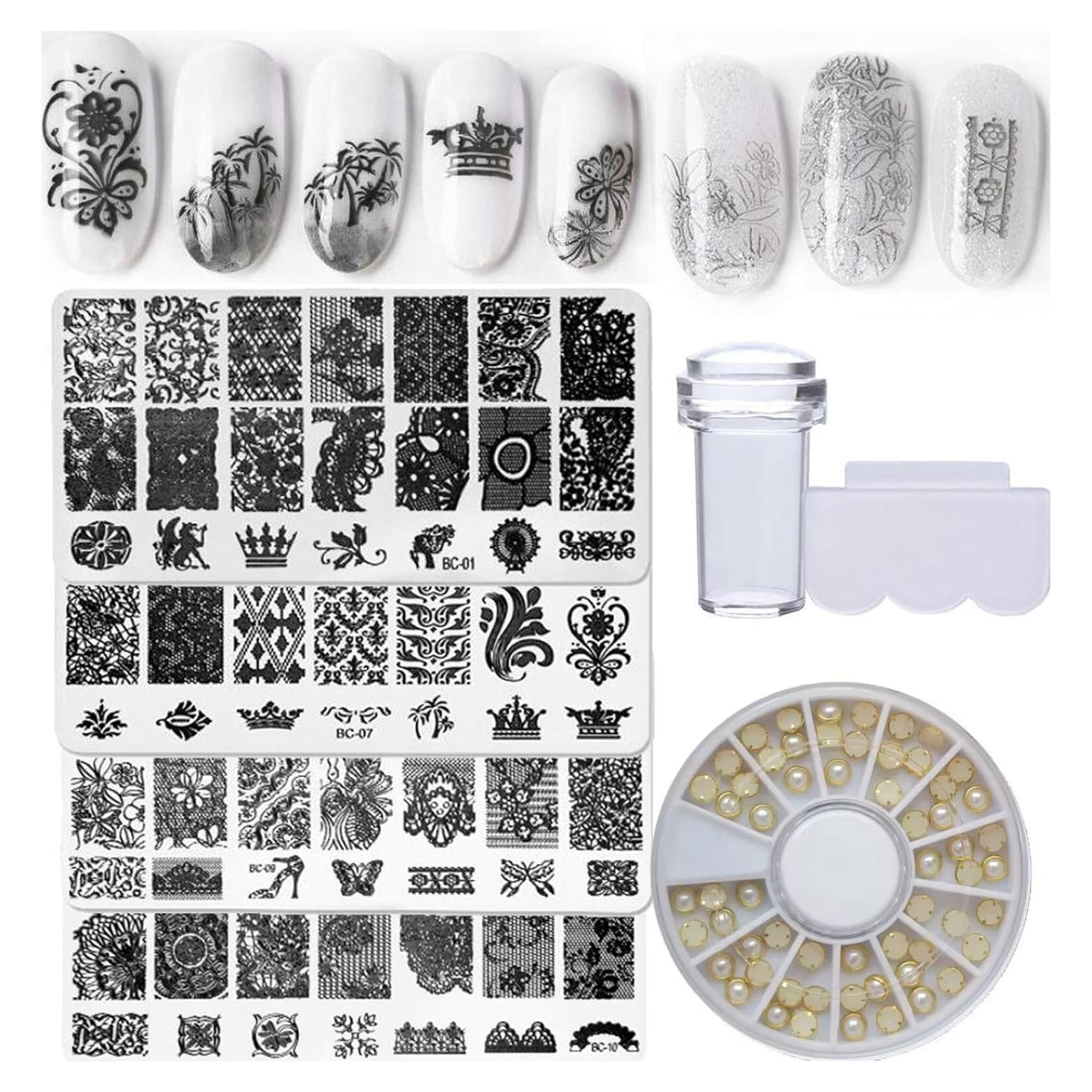 Kit de Estampado de Uñas 4 Piezas con Strass y Estampador