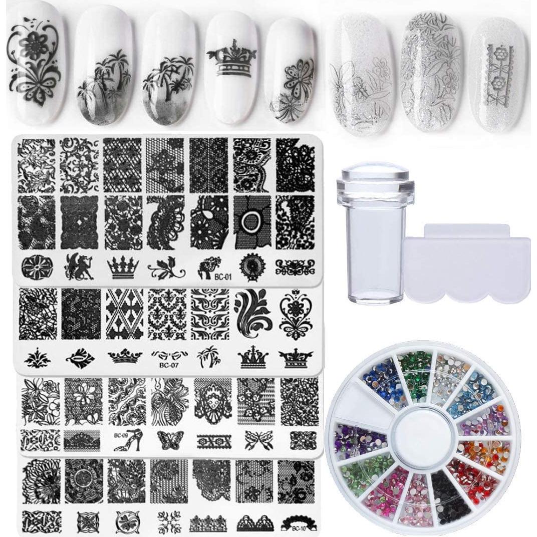 Kit de Estampado de Uñas 4 Piezas con Strass y Estampador