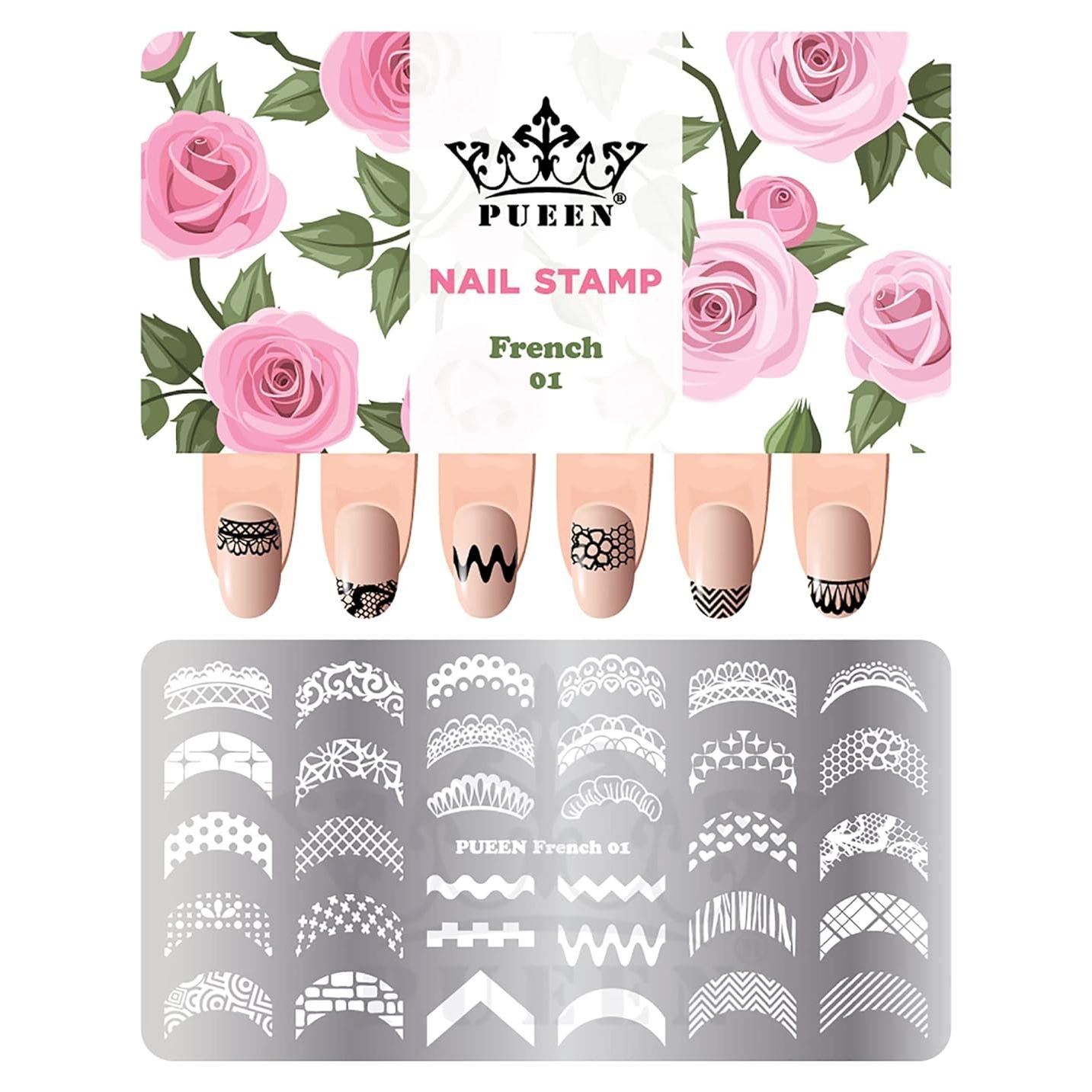 Placa de Estampado de Uñas PUEEN Francés 01 12.5x6.5cm