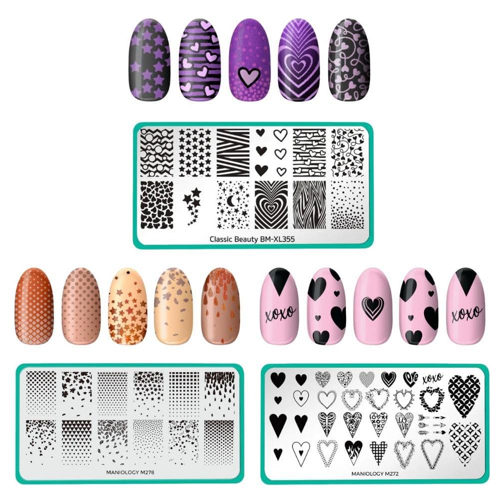 Conjunto de Placas de Estampado de Uñas Maniology Corazones y Gradientes