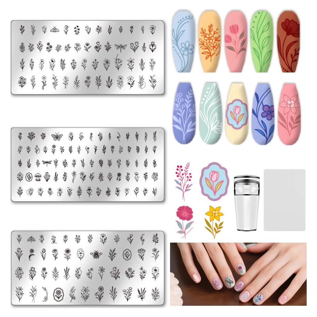 Set de 3 Placas de Estampado de Uñas UNICRAFTALE - Hojas y Flores