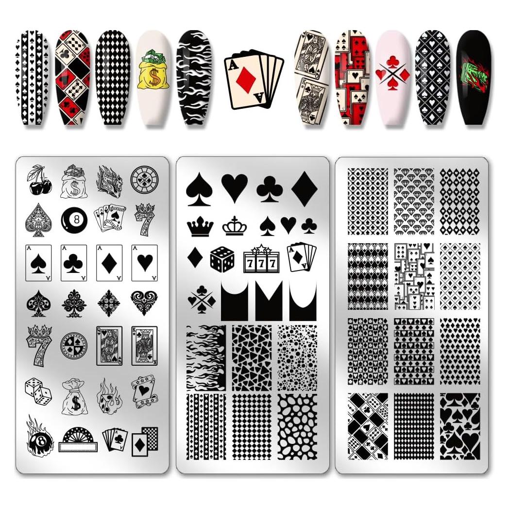 Placas de Estampado de Uñas PH PandaHall - 3 Piezas, Acero Inoxidable, Diseño Póker