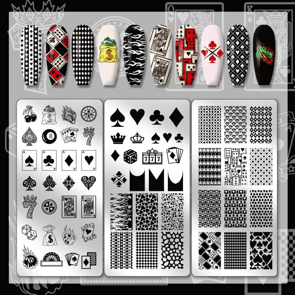 Placas de Estampado de Uñas PH PandaHall - 3 Piezas, Acero Inoxidable, Diseño Póker