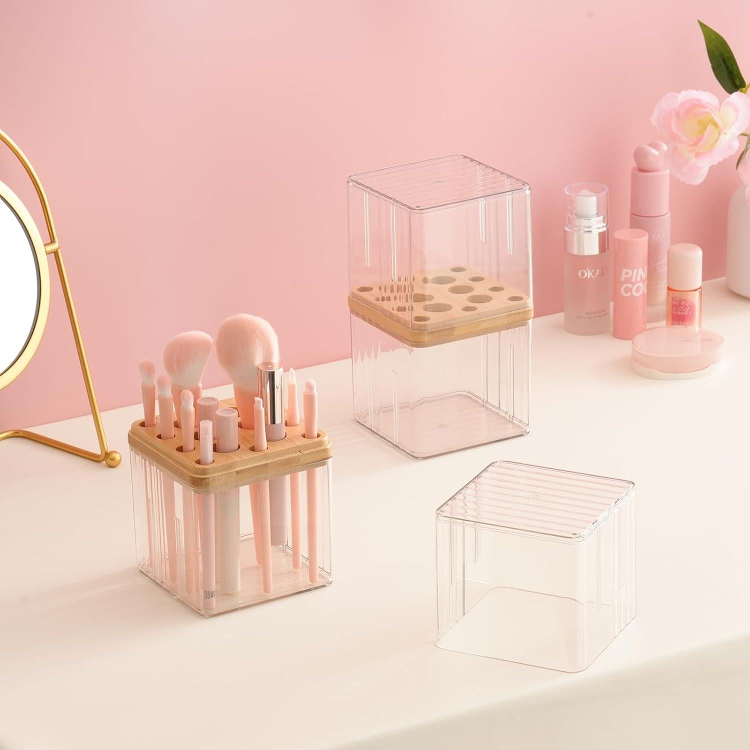 Soporte para Brochas de Maquillaje SUNFICON Rosa 10.3x10.3x19cm