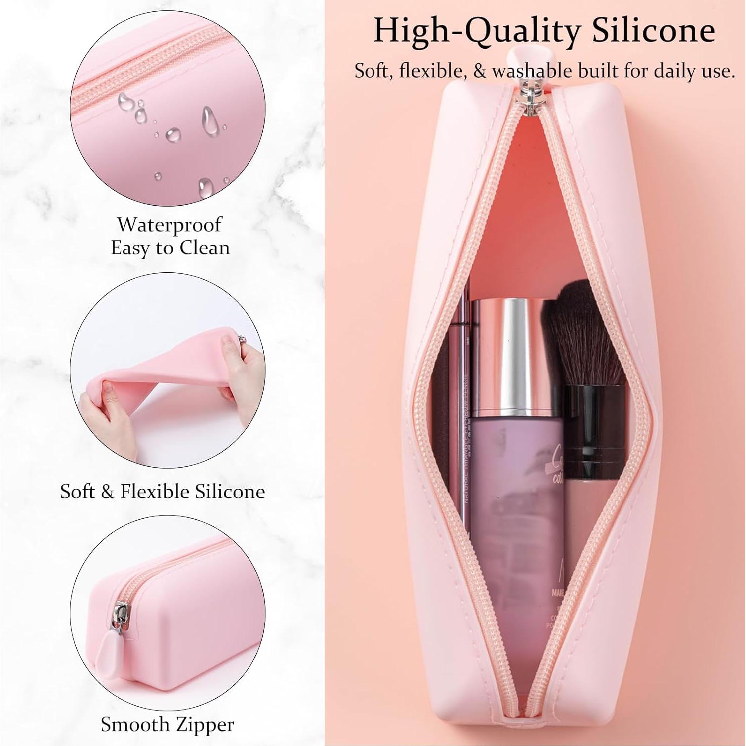 Estuche de maquillaje de silicona portátil 21x6x5 cm Rosa claro