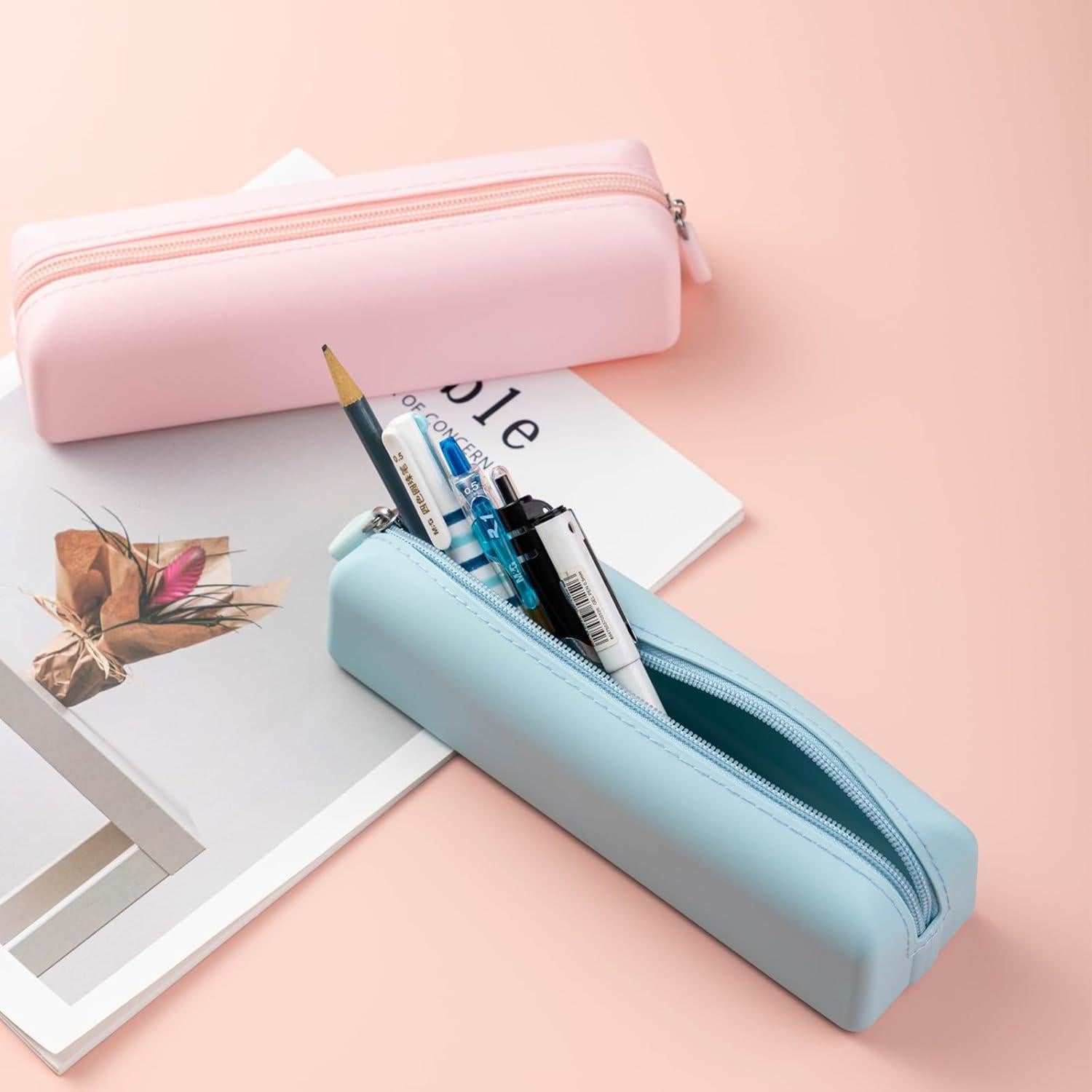 Estuche de maquillaje de silicona portátil 21x6x5 cm Rosa claro