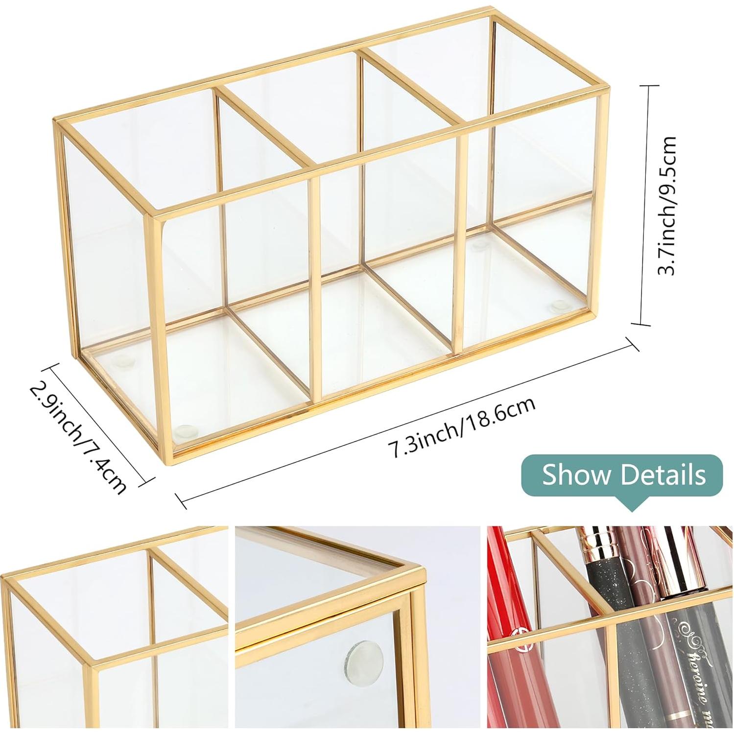 Organizador de Maquillaje ELEGANTLIFE Vidrio Templado Oro 3 Secciones