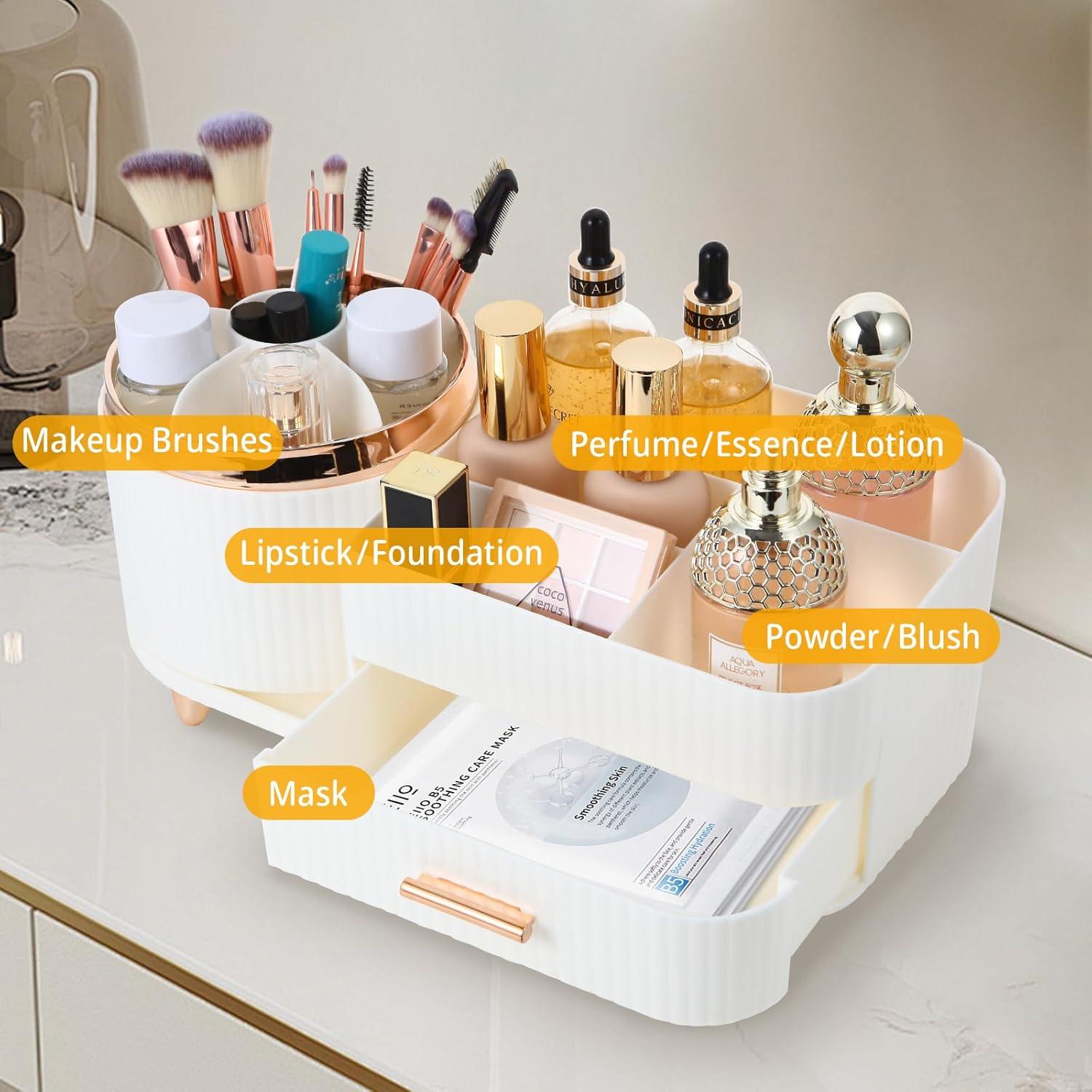 Organizador de Maquillaje Zufudo Blanco con Cajón y Soporte Rotatorio