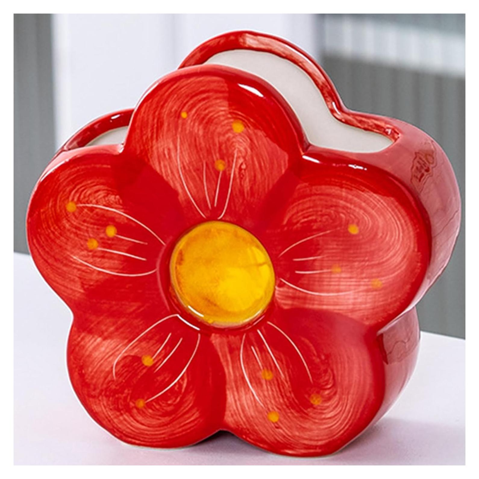 Soporte de Lápiz Rojo Floral Busnos - Cerámica 13x5.6x12.4cm