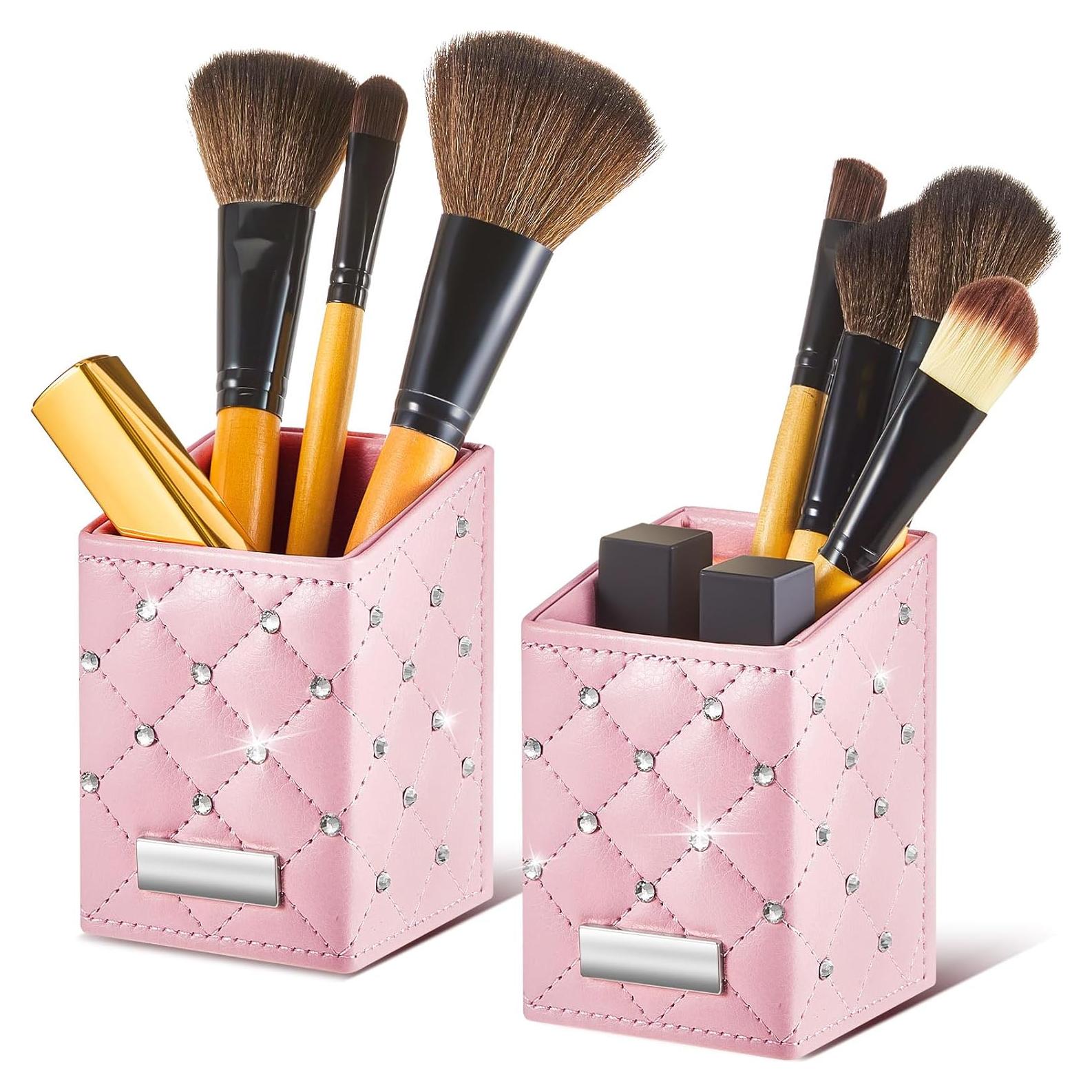Soporte de Brochas de Maquillaje Rosa ReliThick 2 Pcs Cuero PU