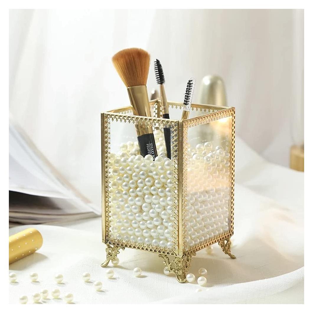 Organizador de Brochas de Maquillaje Vintage Yueqing - Vidrio y Perlas