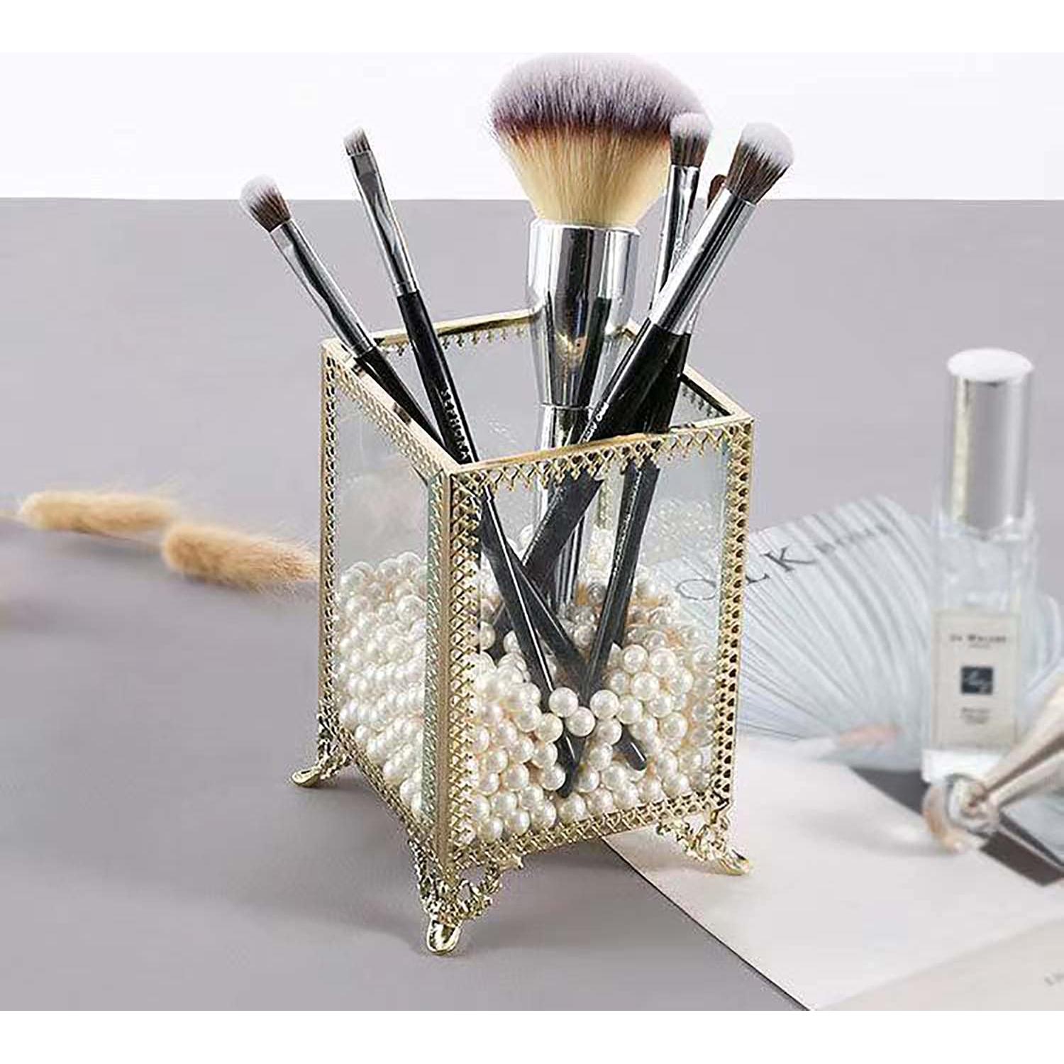 Organizador de Brochas de Maquillaje Vintage Yueqing - Vidrio y Perlas