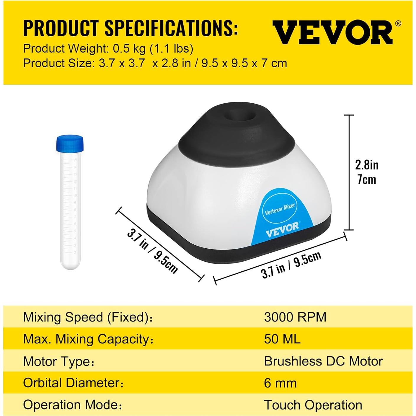Mezclador Vortex Mini VEVOR 3000RPM 50mL Táctil Científico