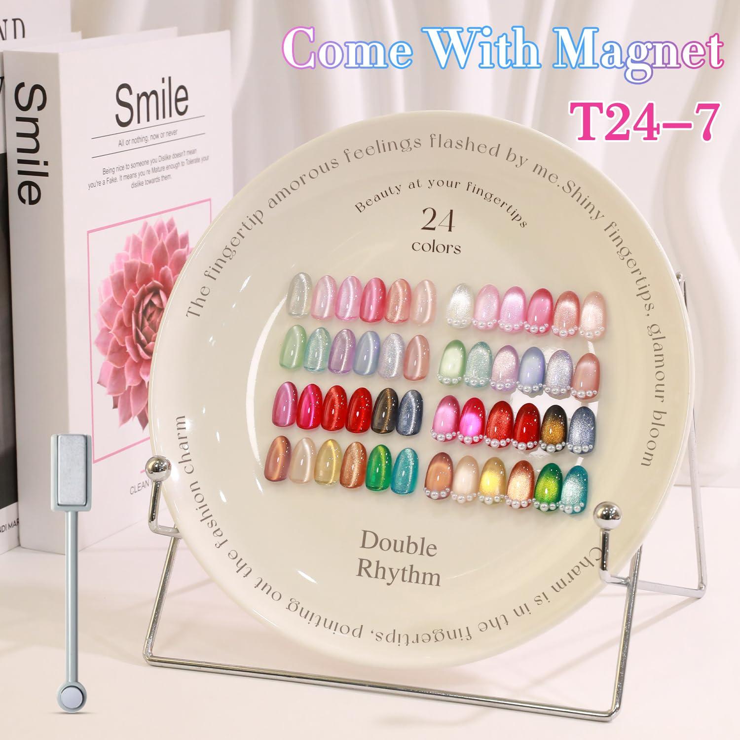 Set de Esmalte de Uñas Gel Doble Ritmo 28Pcs Ojo de Gato