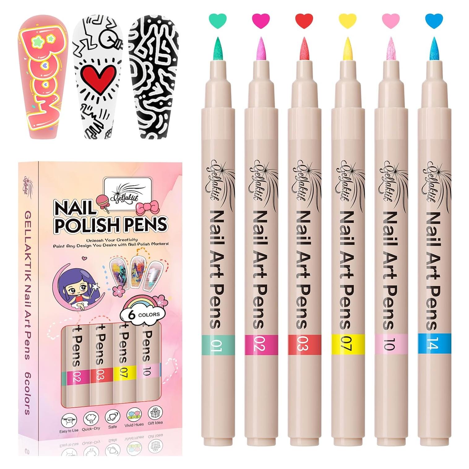 Juego de 6 Lápices de Arte para Uñas GELLAKTIK - Secado Rápido