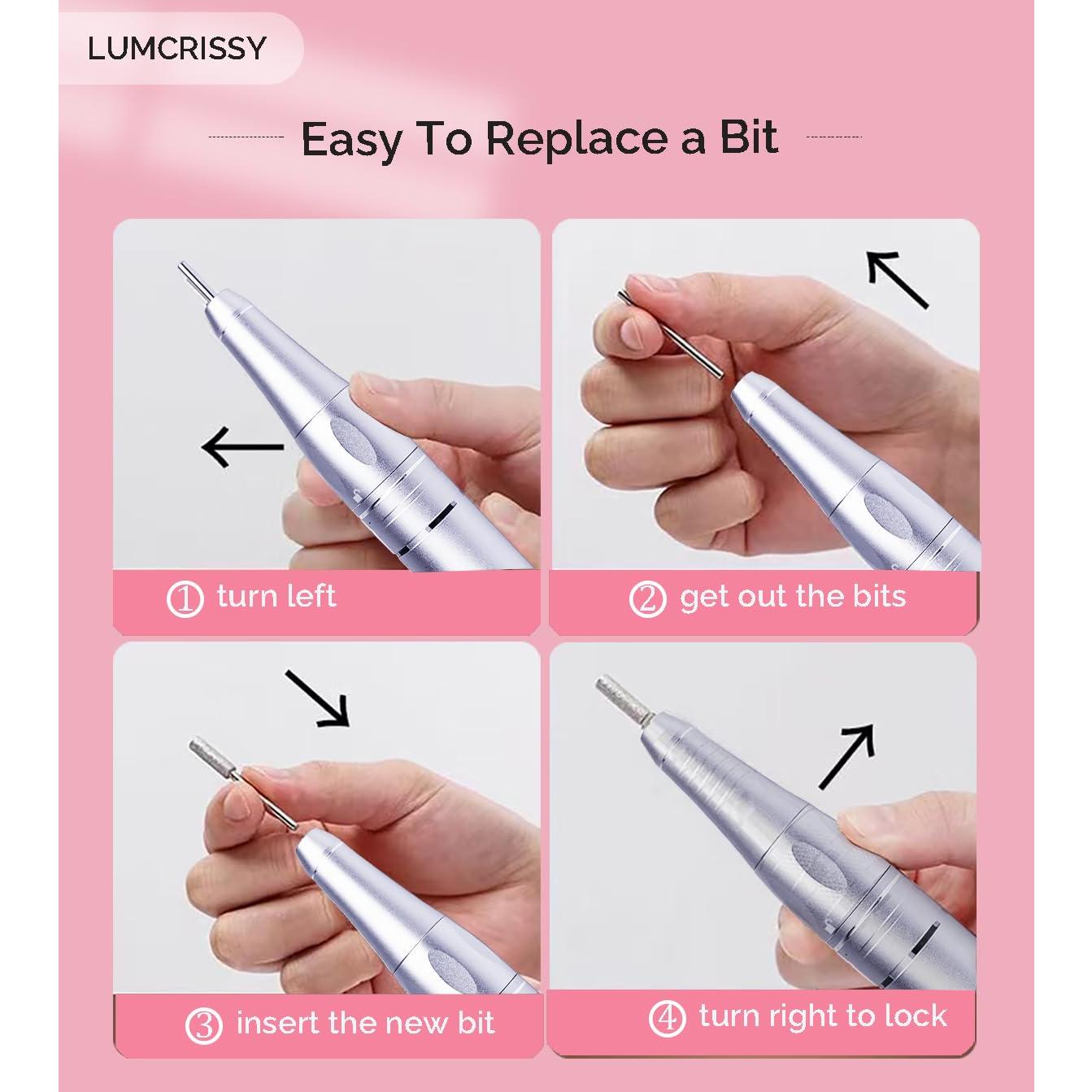 Taladro de Uñas Eléctrico Lumcrissy Rosa 35000 RPM Recargable