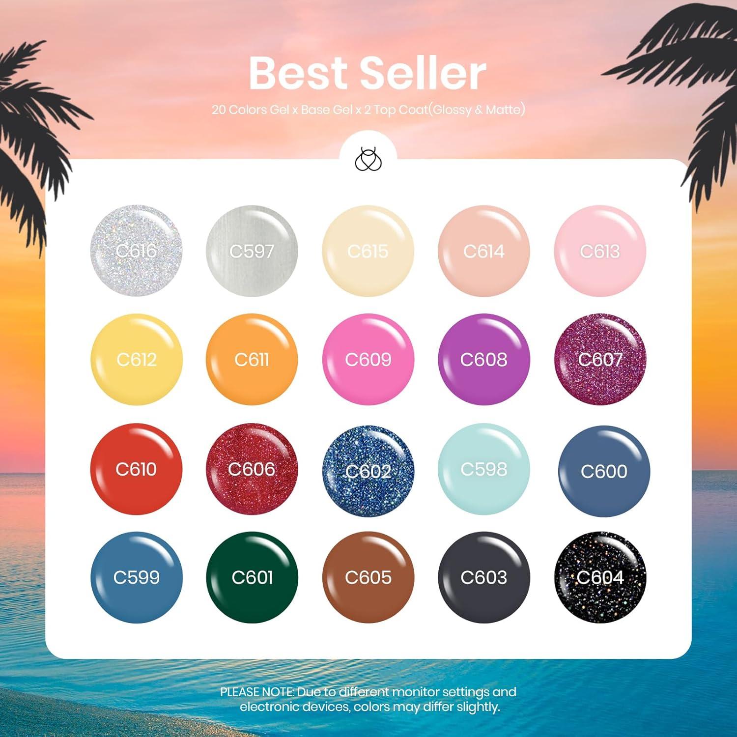 Set de Esmalte en Gel Beetles 20 Colores 5ml con Base y Top Coat