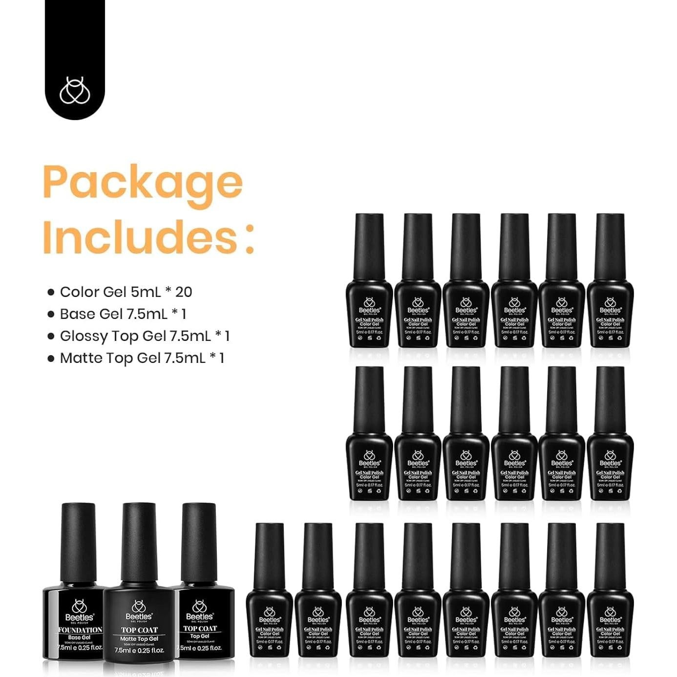 Set de Esmalte en Gel Beetles 20 Colores 5ml con Base y Top Coat