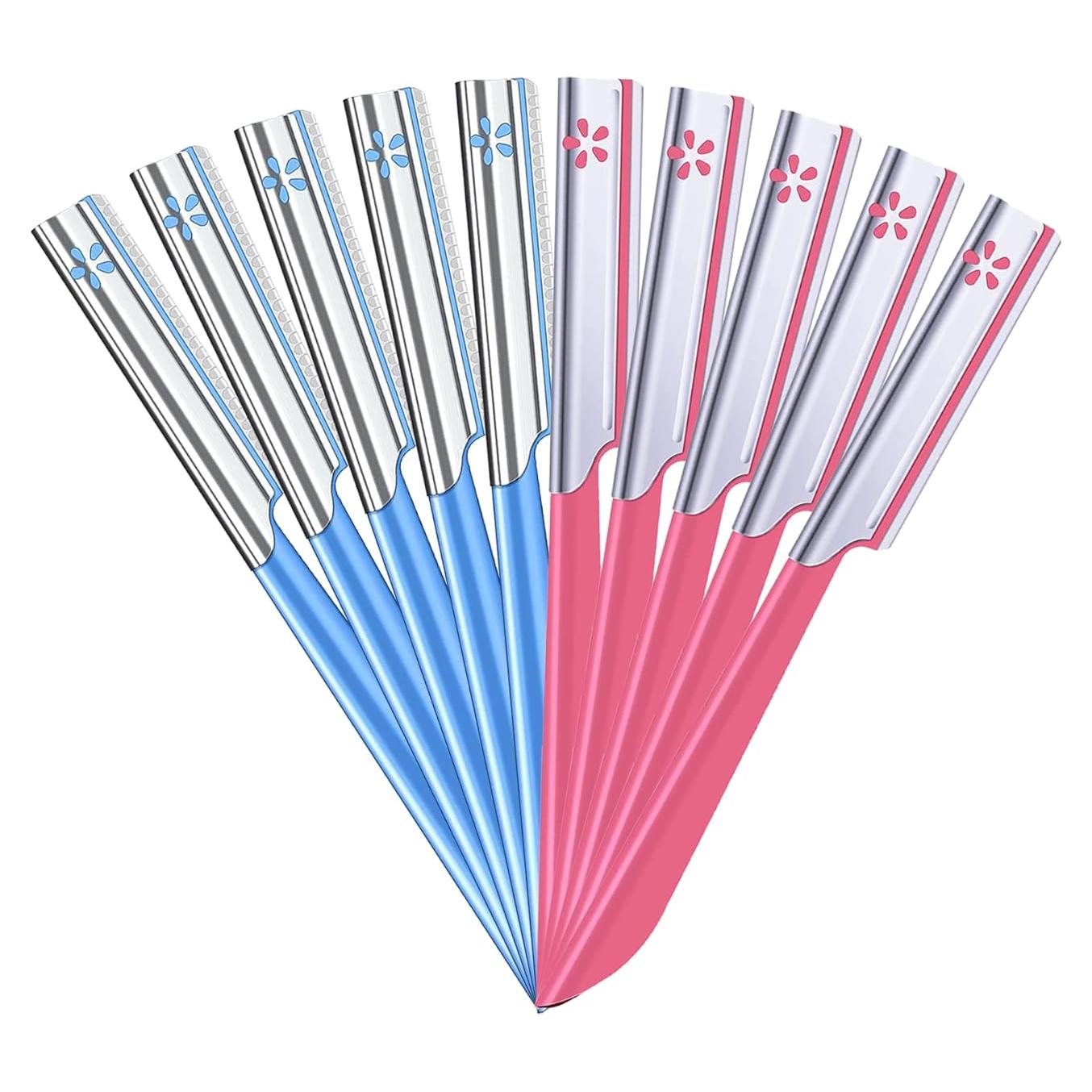 10 Cuchillas de Cejas TAVENS Afeitadora Facial Rosa y Azul