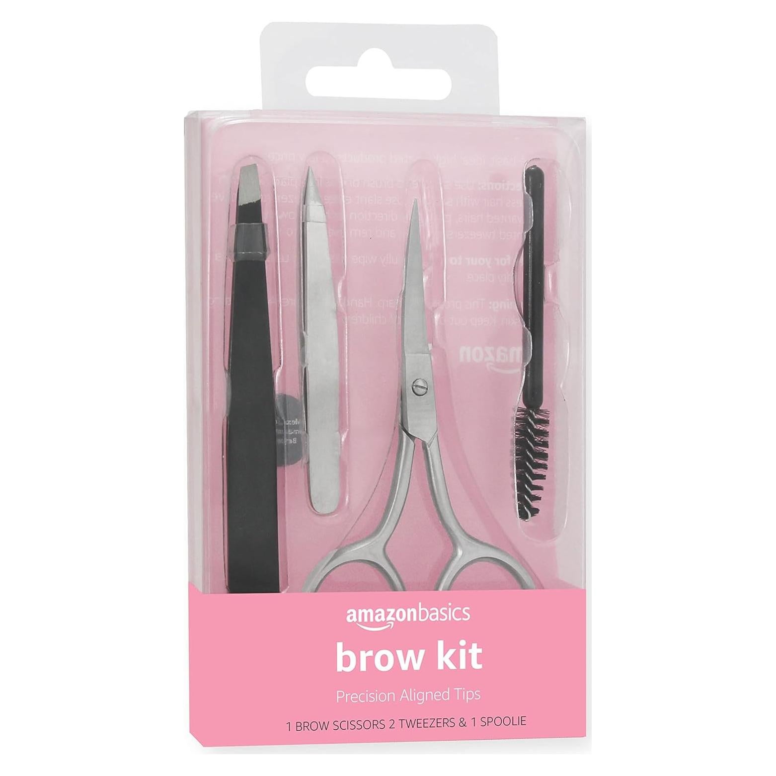 Kit de Cejas 4 Piezas Amazon Basics - Pinzas, Tijeras, Cepillo