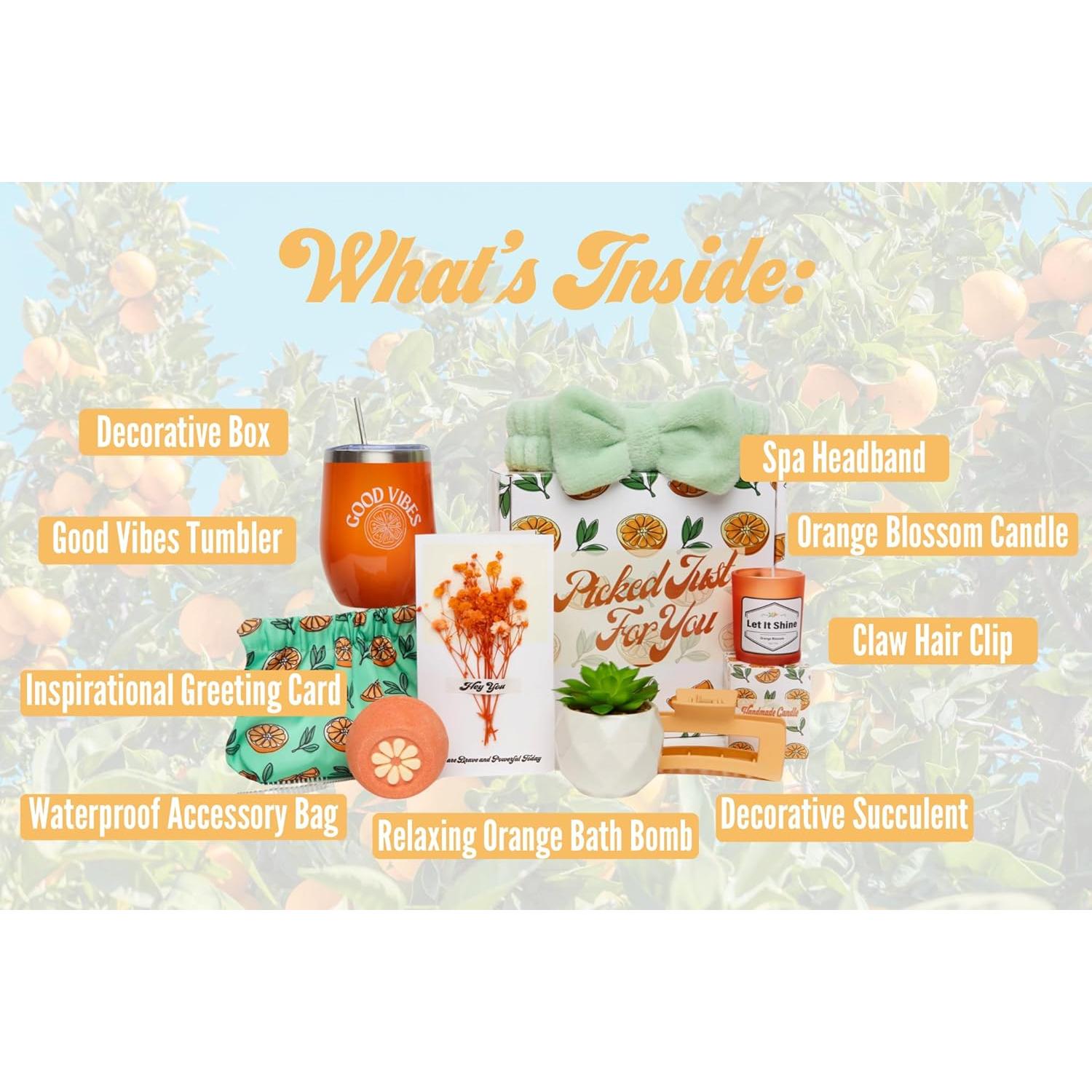 Cesta de Regalo Temática Naranja Sunny&Wise para Mujeres - Autocuidado 9 Piezas