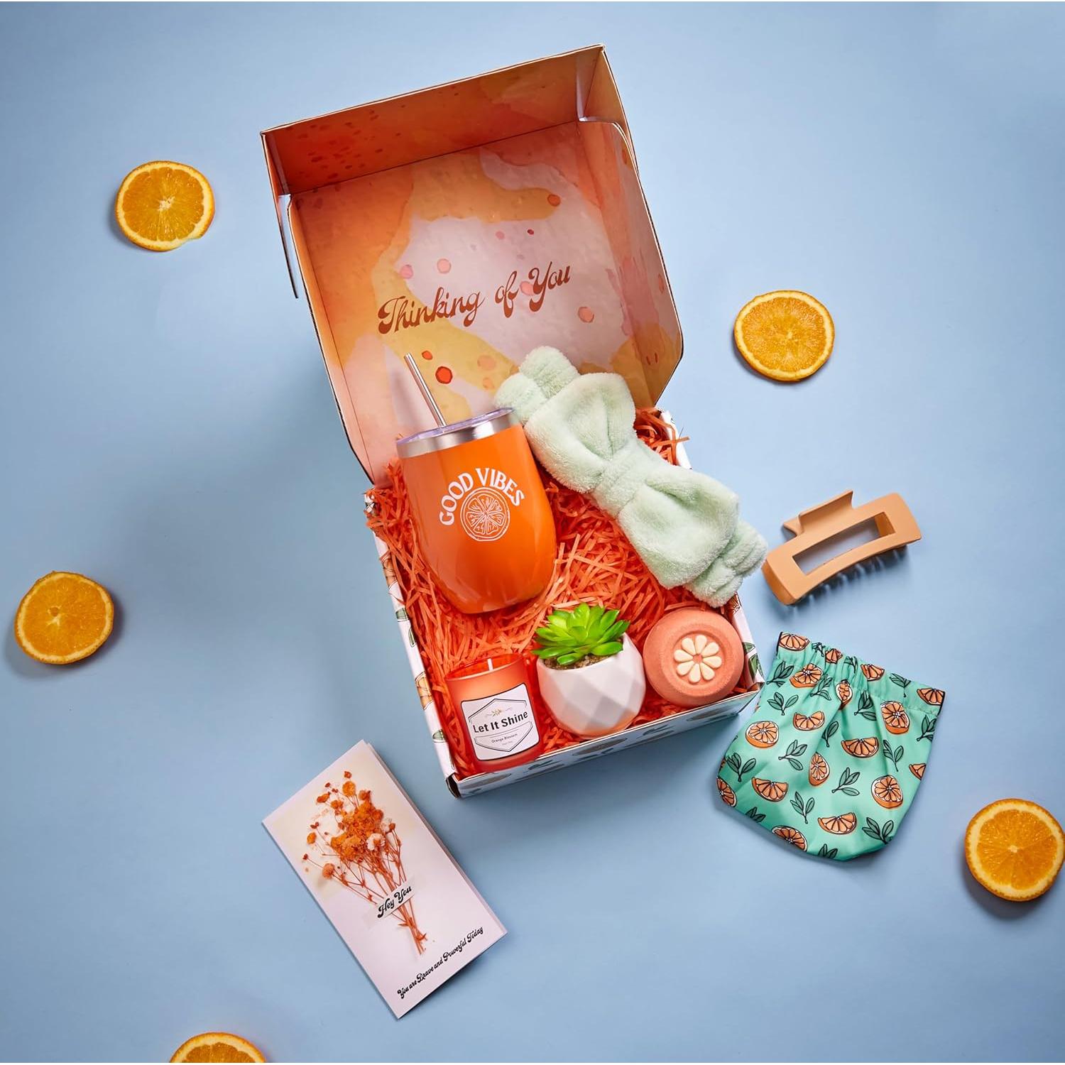 Cesta de Regalo Temática Naranja Sunny&Wise para Mujeres - Autocuidado 9 Piezas