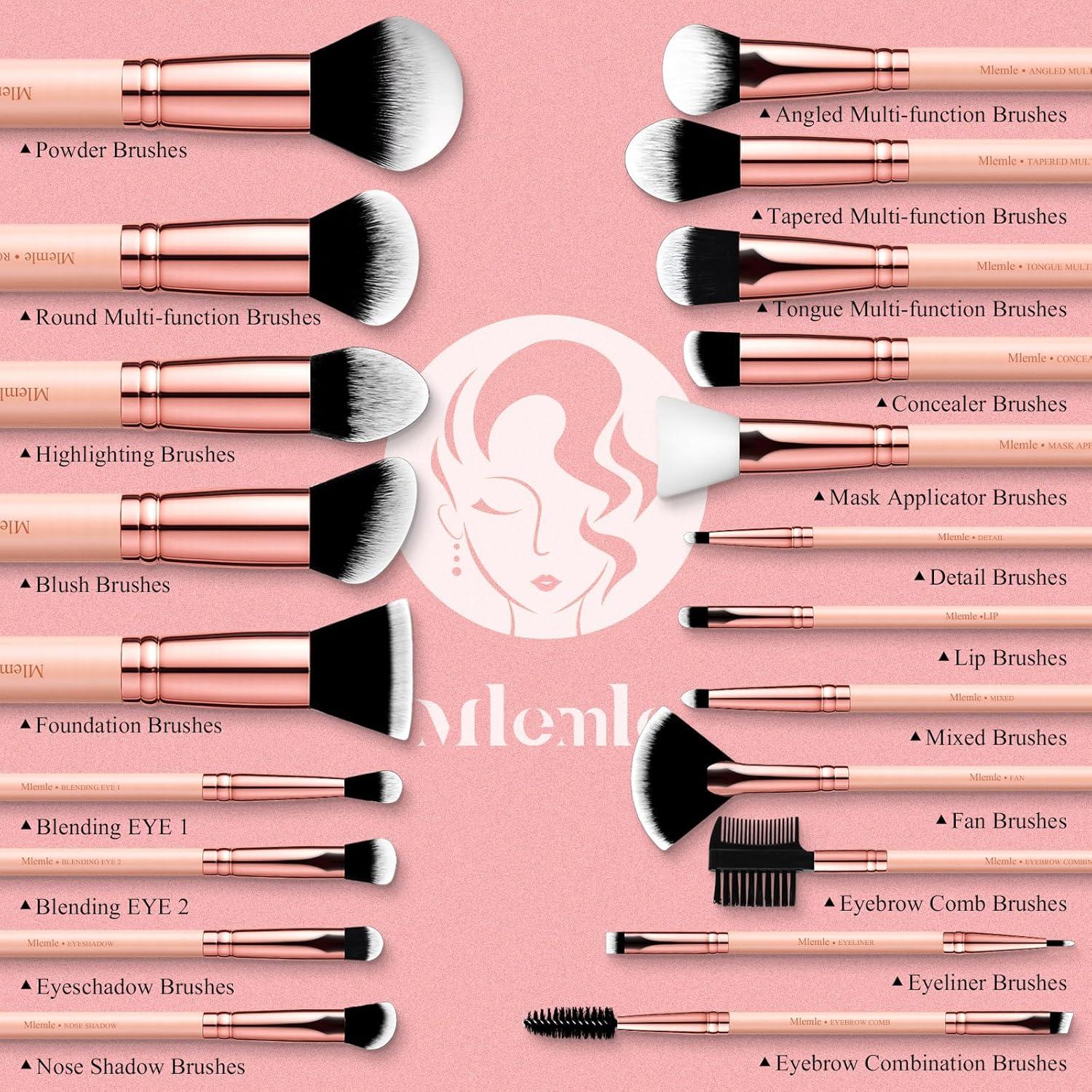 Juego de Brochas de Maquillaje Profesional Mlemle 26 Piezas Rosa