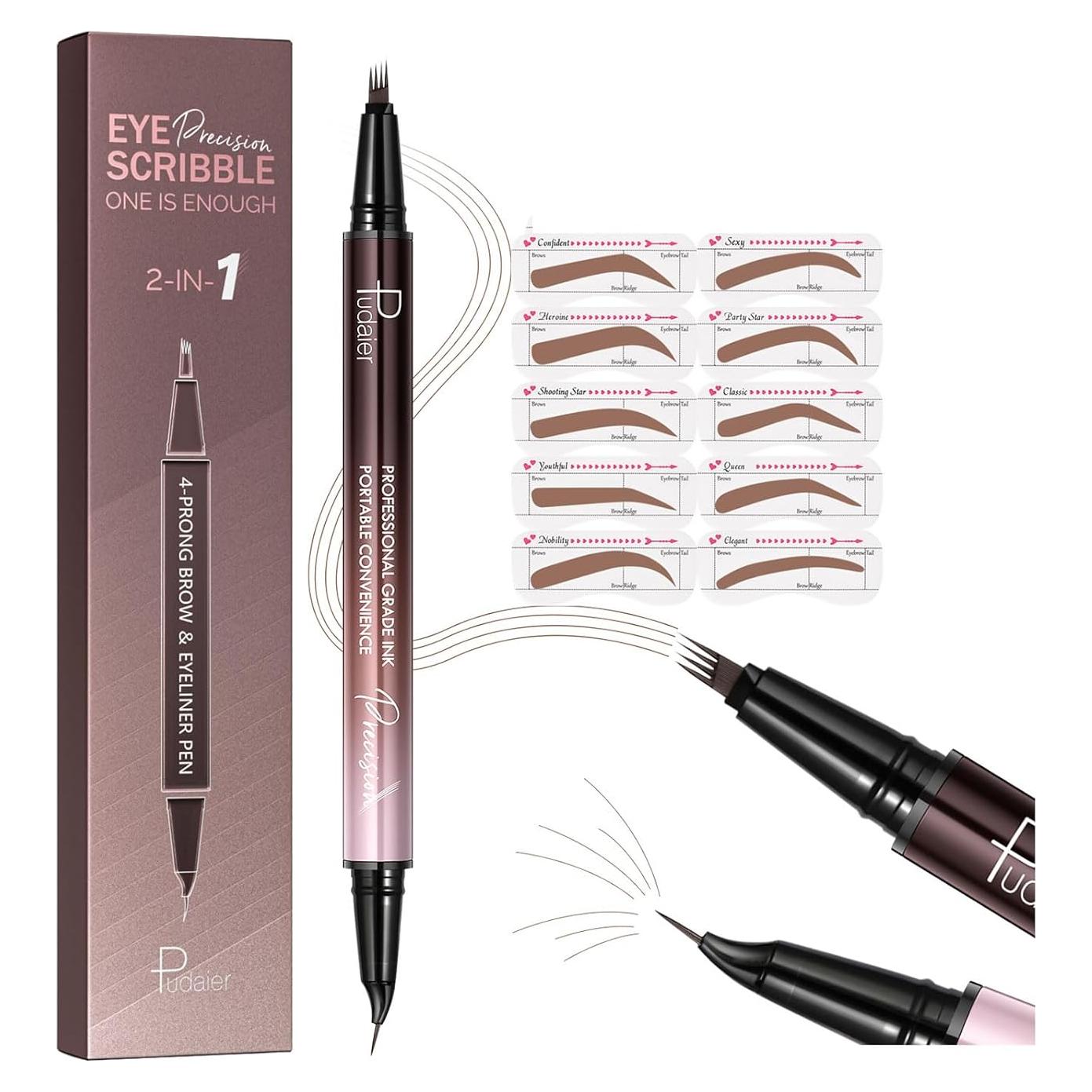Lápiz de Cejas 2-en-1 Pudaier con Plantillas y Punta Curvada