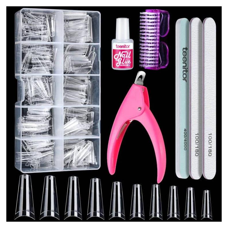 Kit de Uñas Falsas de Coffin Transparentes Teenitor - 500 Pcs