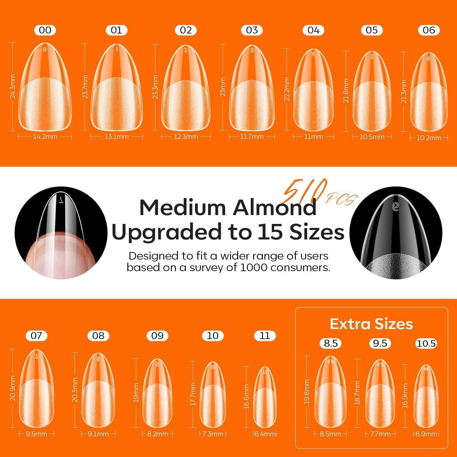 Kit de Uñas de Gel Modelones Almendra 15 Tamaños 510 Pcs